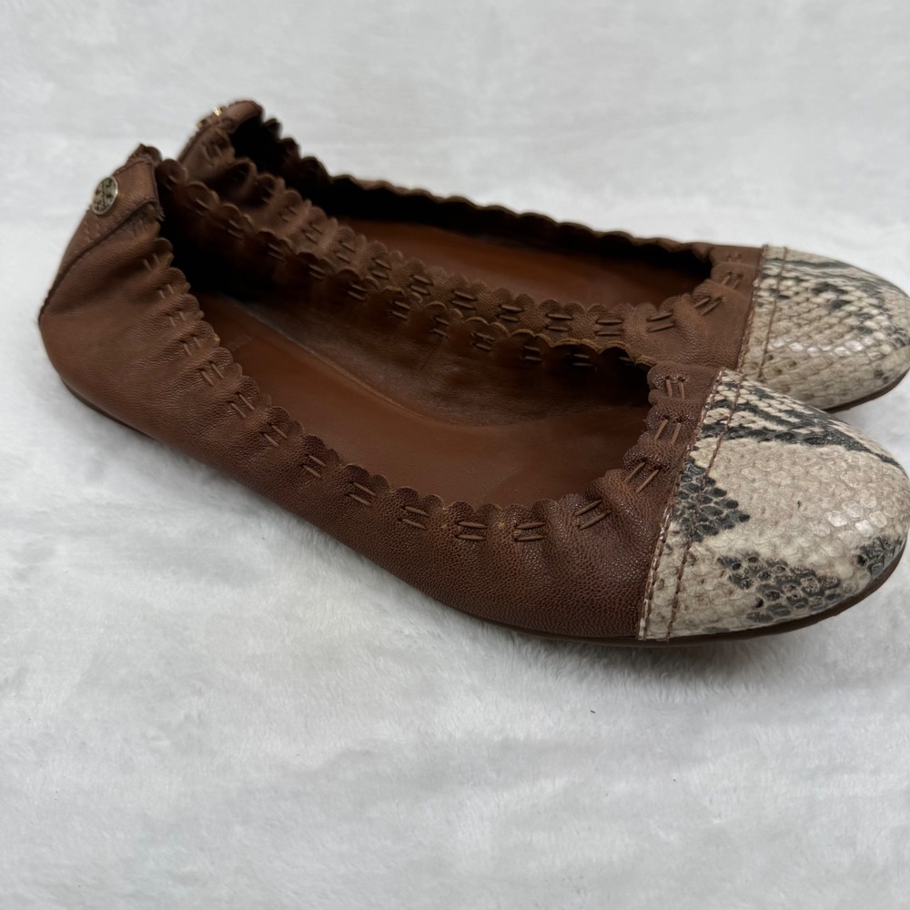Tory Burch Leather Scalloped Ballet Flats‎ Snakeskin Cap Toe Logo 7.5 READ